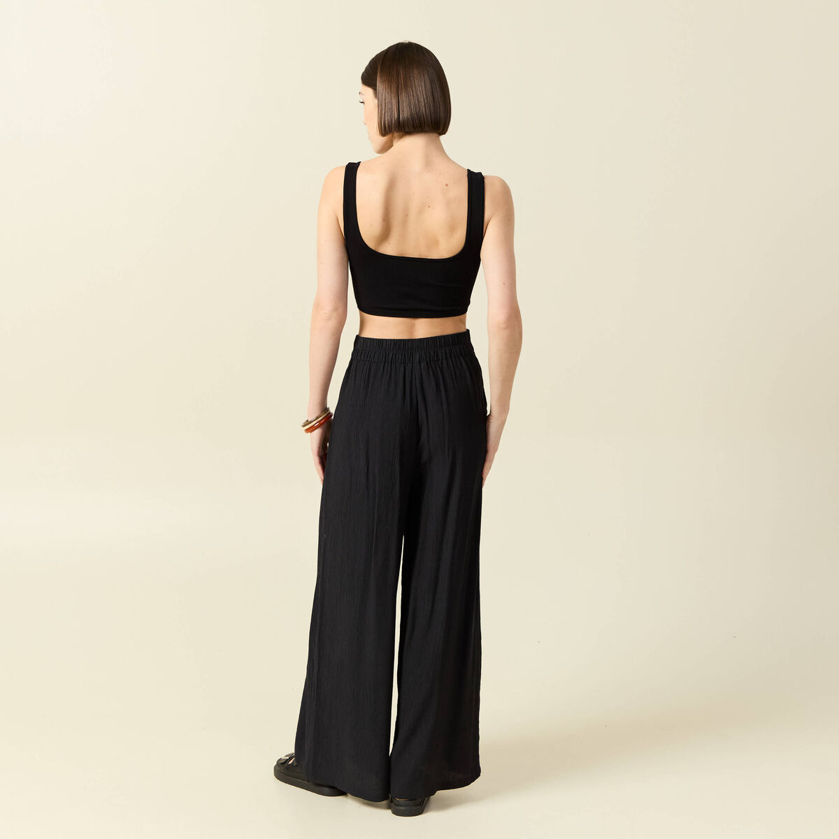 Pantalon large taille haute fluide noir femme