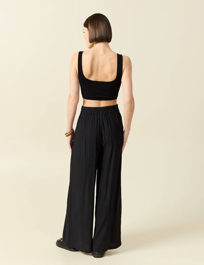 Pantalon large taille haute fluide noir femme