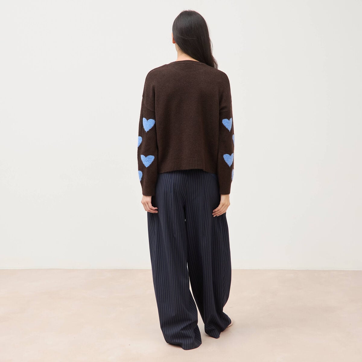 Pull manches longues bouclette col rond marron femme