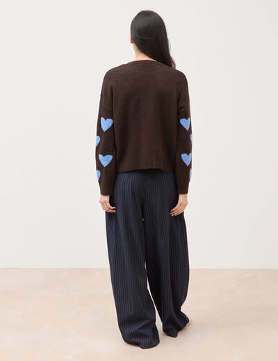 Pull manches longues bouclette col rond marron femme