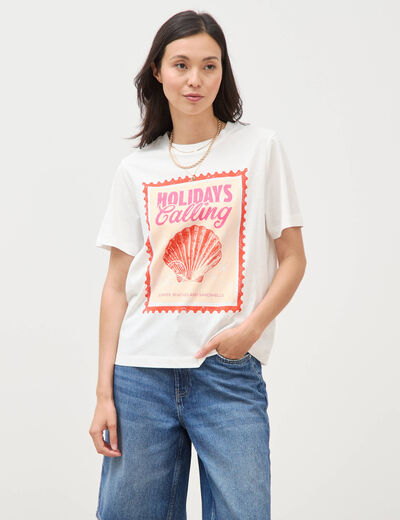 T-shirt droit en coton manches courtes ecru femme