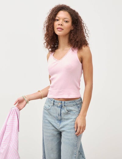 D&eacute;bardeur col v bretelles dentelle rose clair femme