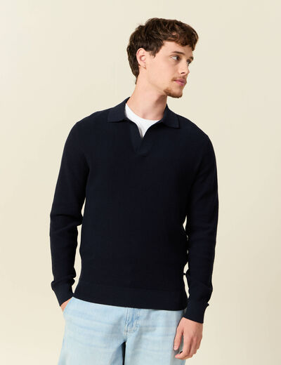 Pull droit col polo manches longues bleu marine homme