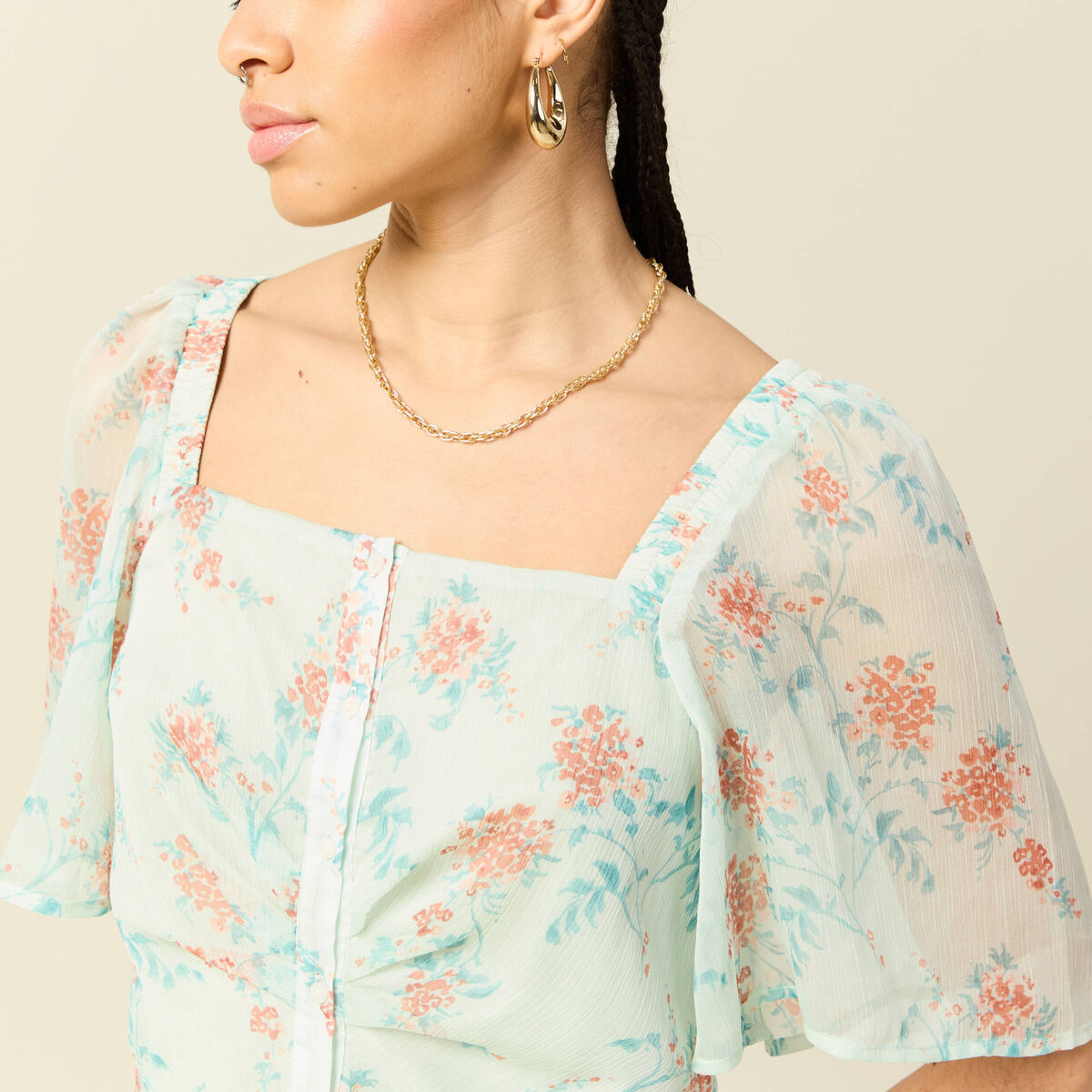 Top cintr&eacute; court voile col carr&eacute; vert pastel femme