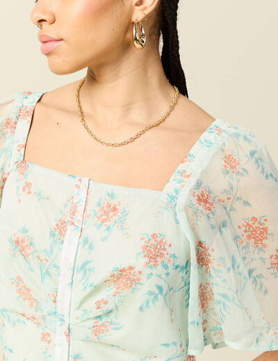 Top cintr&eacute; court voile col carr&eacute; vert pastel femme