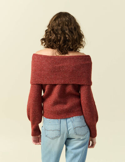 Pull manches longues col bardot vieux rose femme