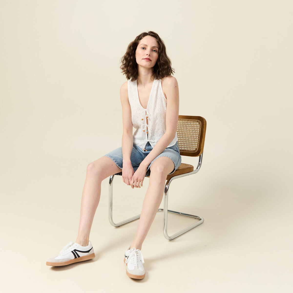 Gilet sans manches noué ecru femme