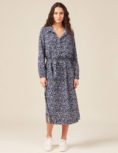 Robe longue droite manches longues bleu femme