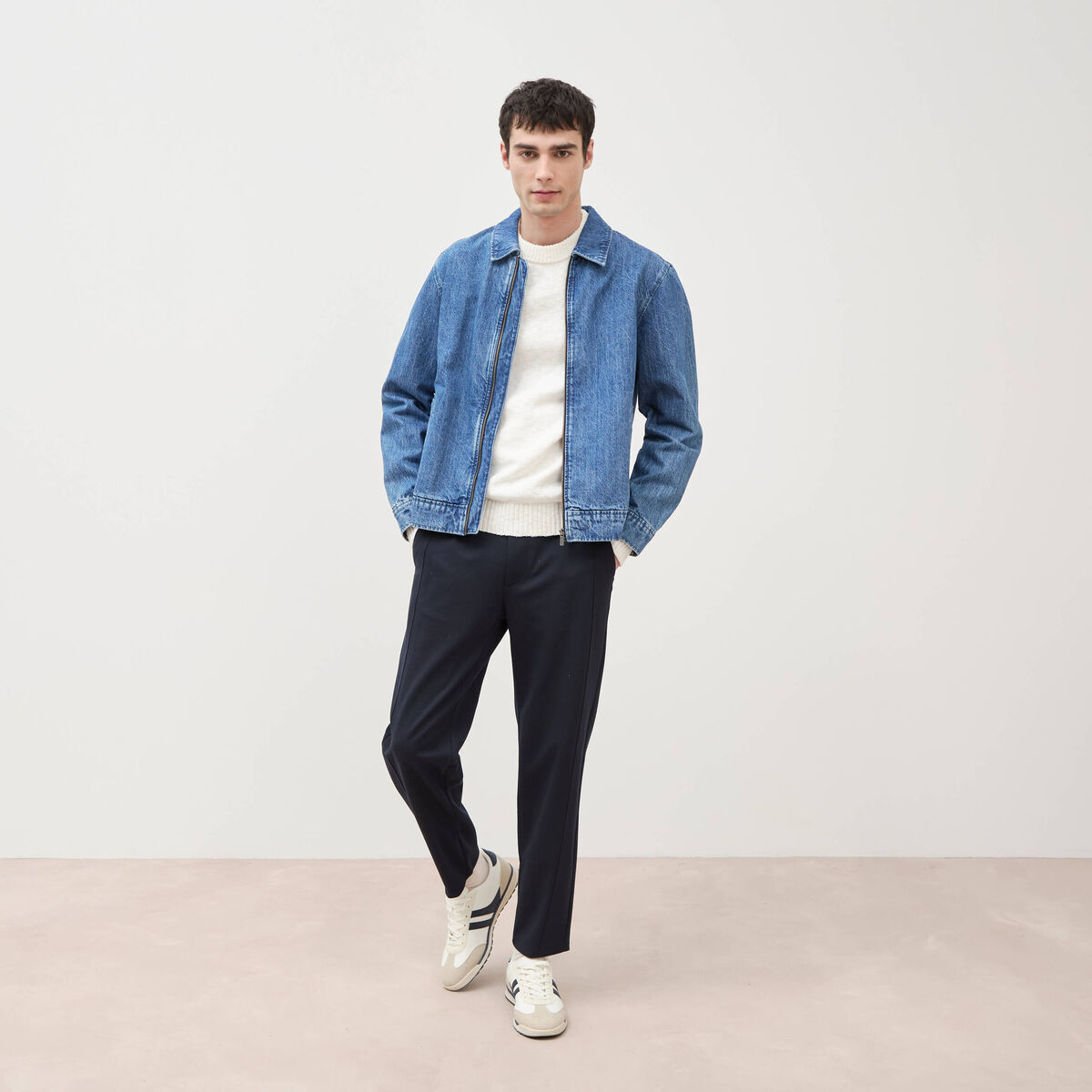 Pull col rond manches longues en coton ecru homme