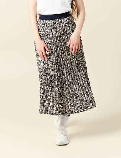 Jupe longue droite plissée bleu marine femme