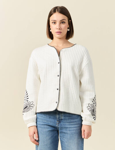 Gilet manches longues brodé ecru femme