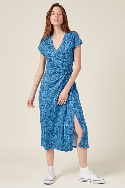 Robe midi droite drapée bleu femme