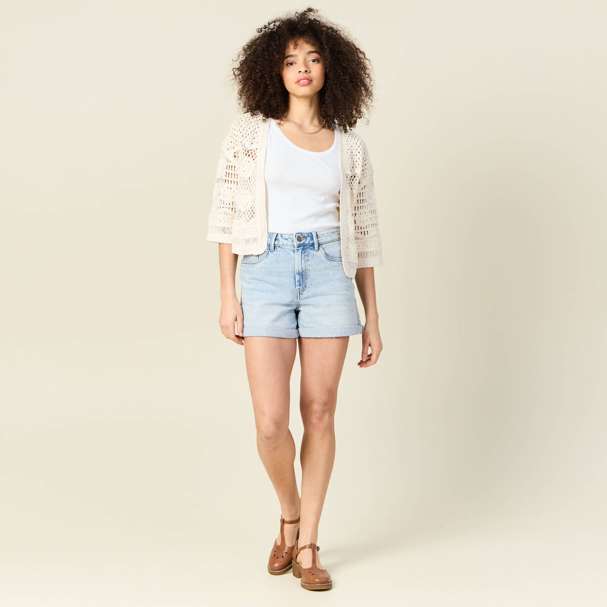Gilet manches 3/4 ajouré ecru femme