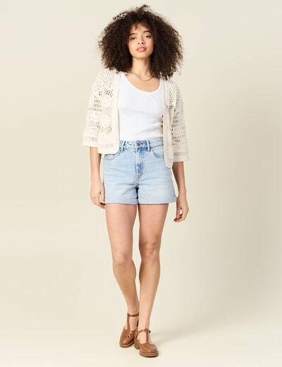 Gilet manches 3/4 ajouré ecru femme