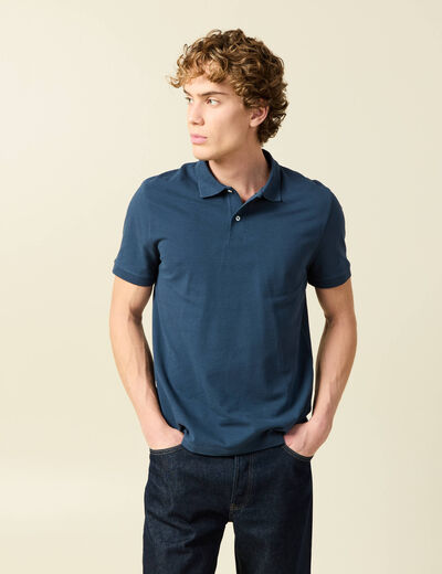 Polo cintr&eacute; en coton manches courtes bleu fonc&eacute; homme