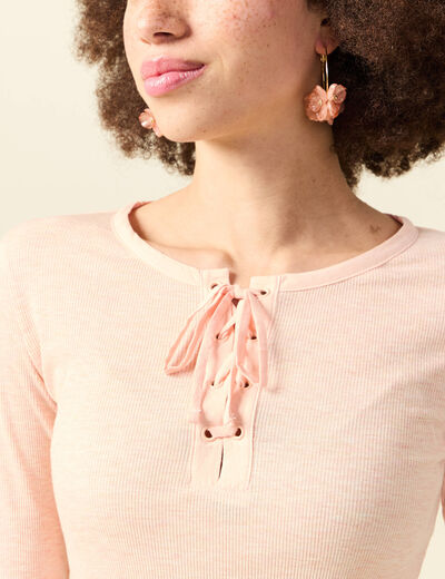 T-shirt cintr&eacute; manches longues col rond rose champagne femme