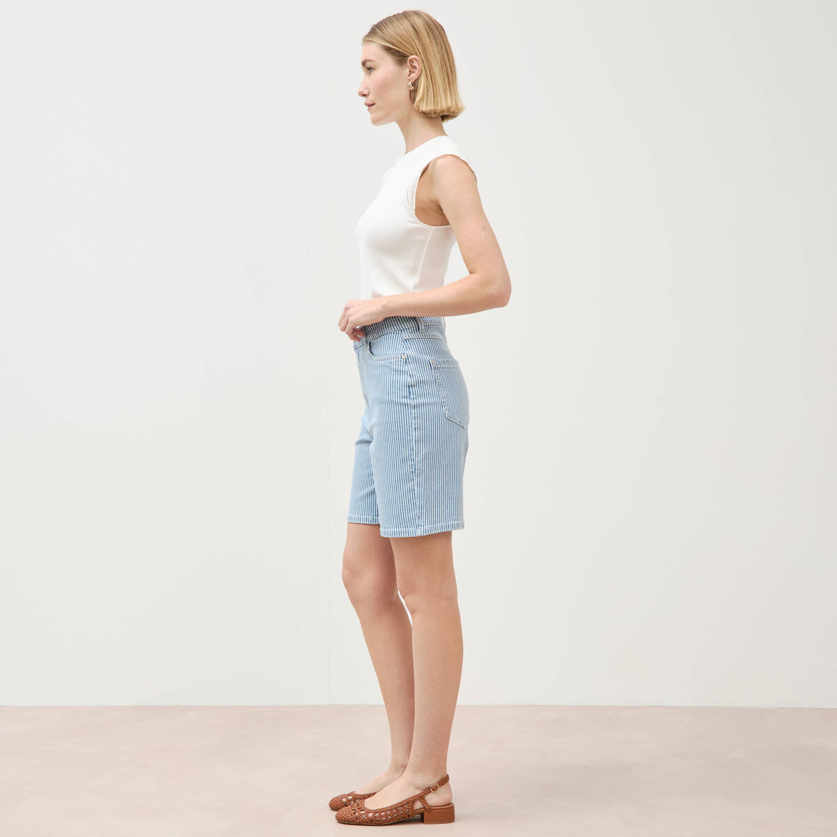 Bermuda large taille haute en jeans denim stone femme
