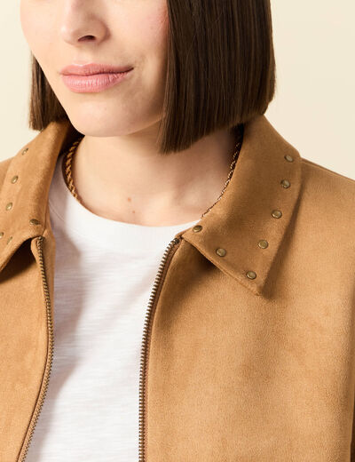 Blouson suédine col clouté beige femme