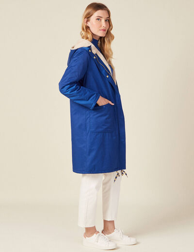 Parka droite à capuche doublée bleu electrique femme