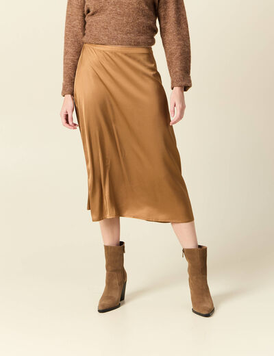 Jupe midi droite satin marron clair femme
