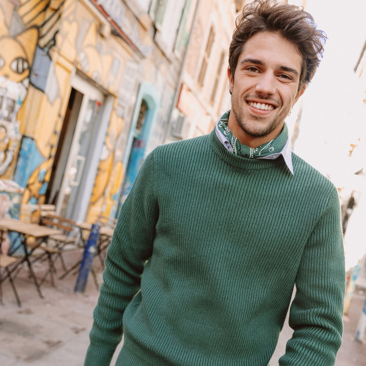 Pull fin manches longues col rond vert homme