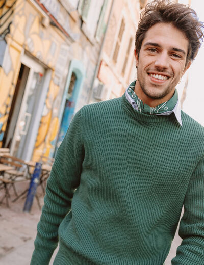 Pull fin manches longues col rond vert homme