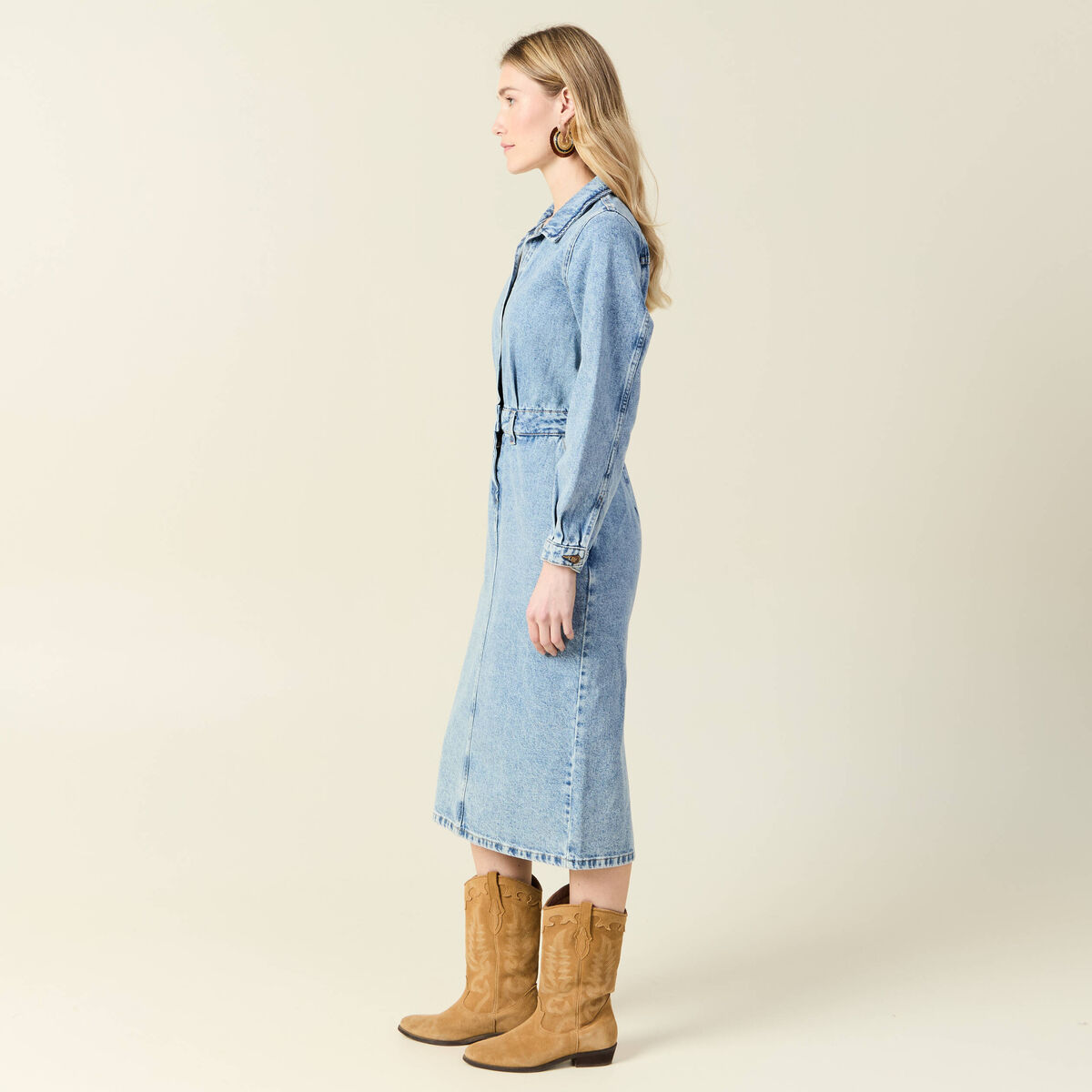 Robe midi droite en jean denim used femme