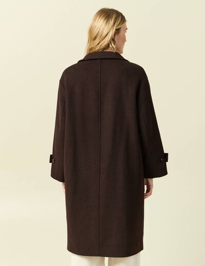 Manteau droit long col montant marron fonc&eacute; femme