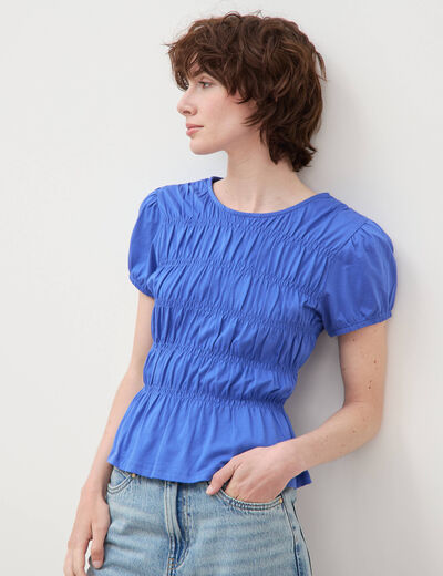 T-shirt fronc&eacute; col rond manches courtes bleu electrique femme