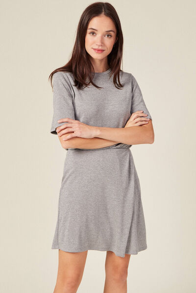 Robe moulante fils métallisés gris argent femme