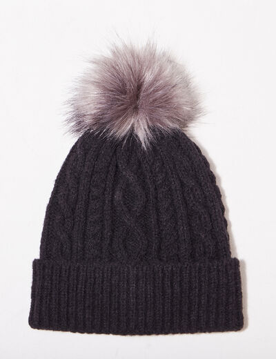 Bonnet tricoté à pompon noir femme