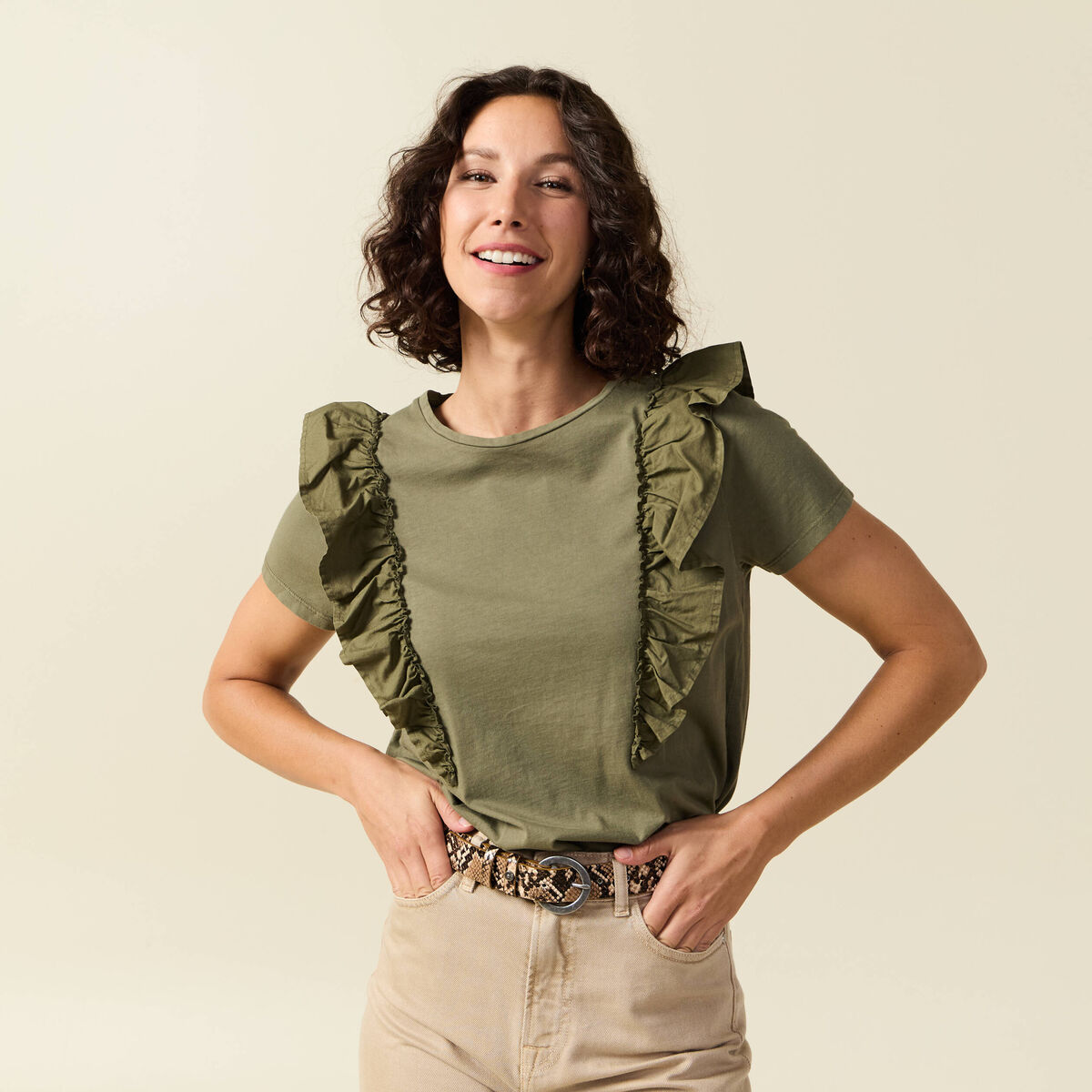 T-shirt en coton manches courtes vert kaki femme