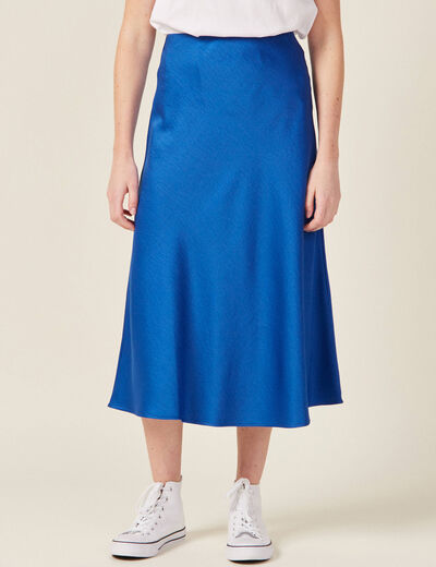 Jupe midi droite satin bleu electrique femme