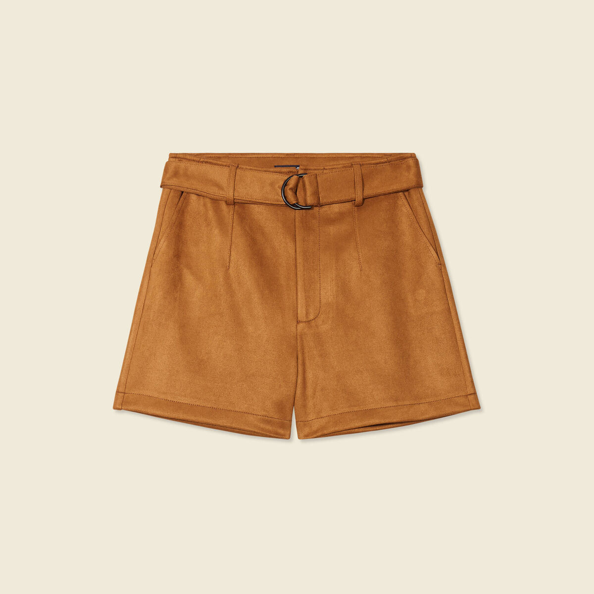 Short droit ceinturé suédine marron femme