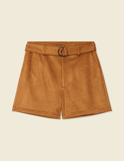 Short droit ceinturé suédine marron femme