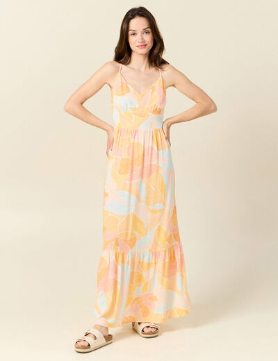 Robe longue évasée à bretelles orange clair femme