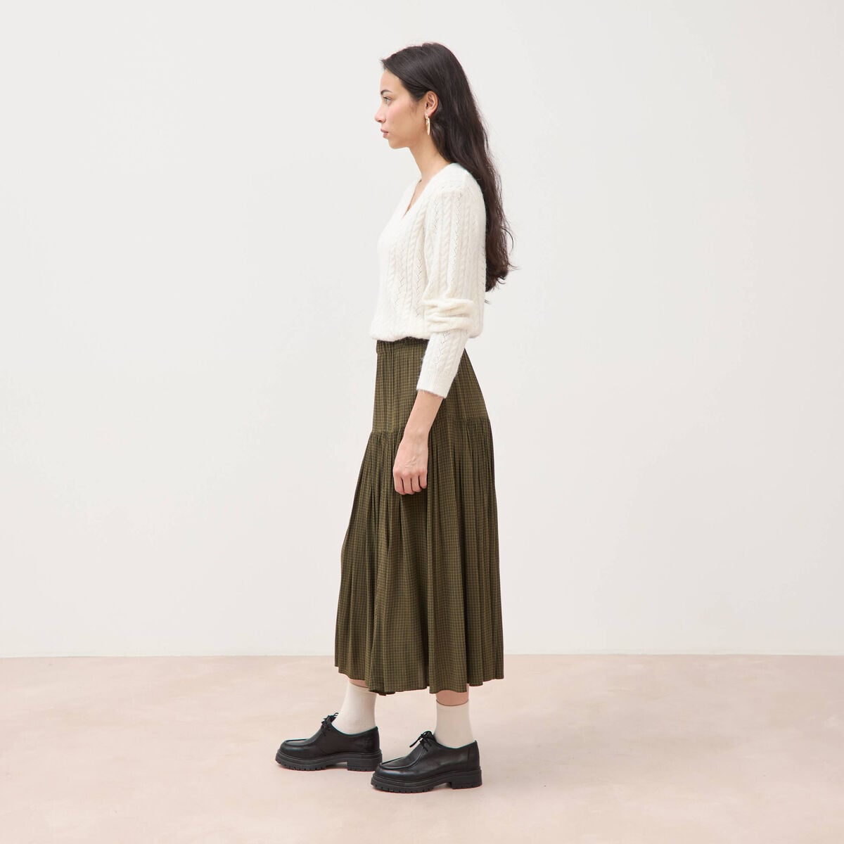 Pull droit col v manches longues ecru femme
