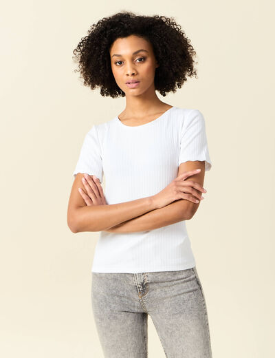 T-shirt manches courtes côtelé blanc femme