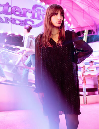 Robe trapèze plissée noir femme