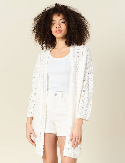 Gilet long ajouré ecru femme