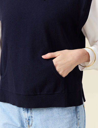Pull sans manches capuche bleu marine femme