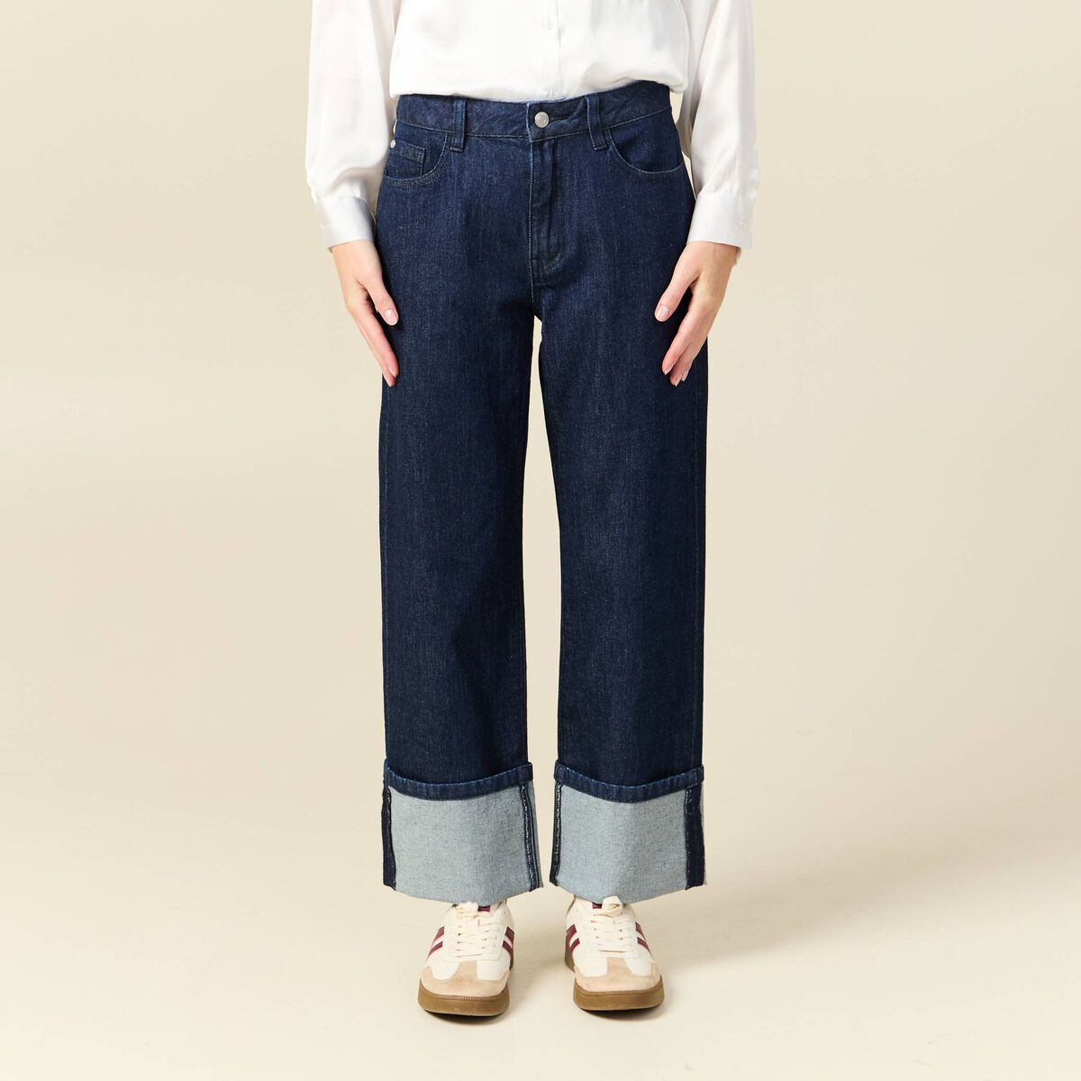 Jeans large taille haute 3/4 denim brut rinse femme
