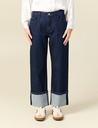 Jeans large taille haute 3/4 denim brut rinse femme