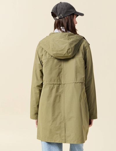 Parka longue à capuche vert kaki femme