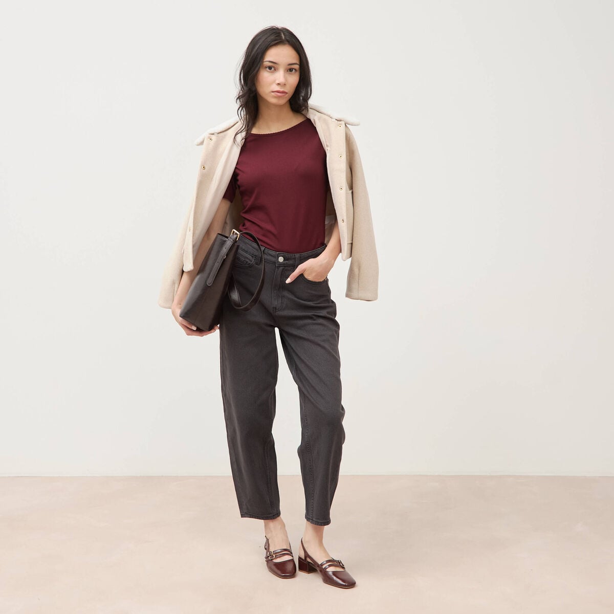 Jeans barrel taille haute 7/8&egrave;me denim gris femme