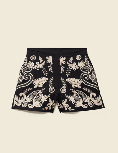 Short en coton avec broderie noir femme