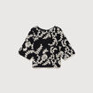 T-shirt brod&eacute; col rond manches 3/4 noir femme