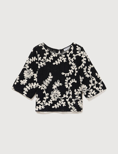 T-shirt brod&eacute; col rond manches 3/4 noir femme