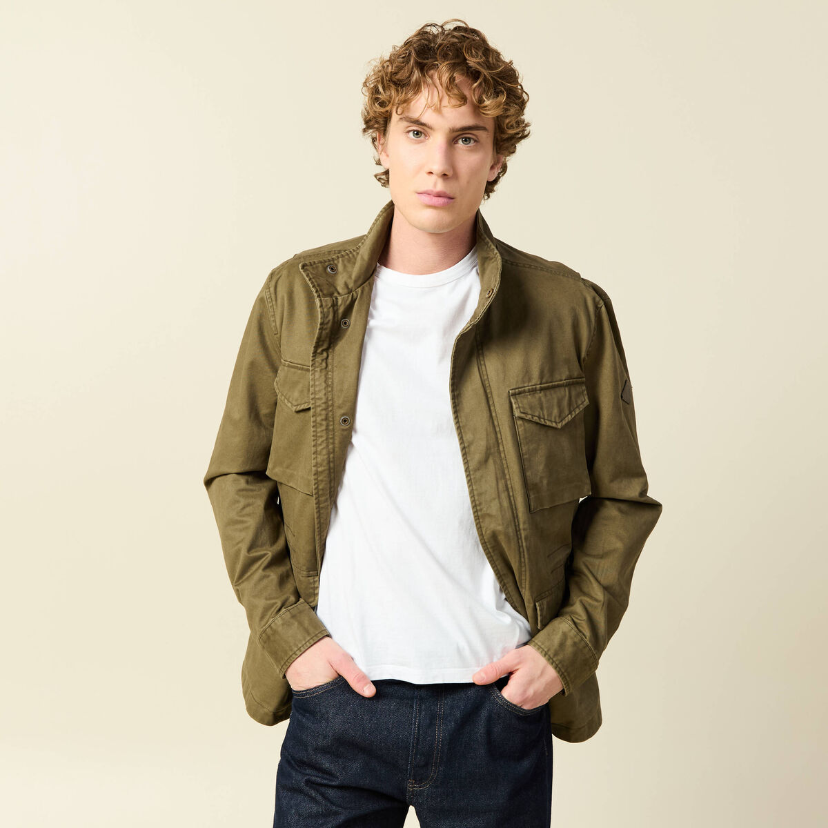 Saharienne col montant manches longues vert kaki homme