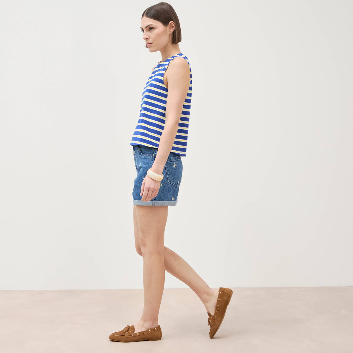 D&eacute;bardeur ray&eacute; col rond en coton bleu femme